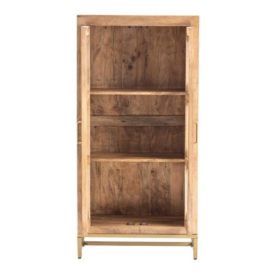 Wooden cabinet with three open shelves and glass doors.