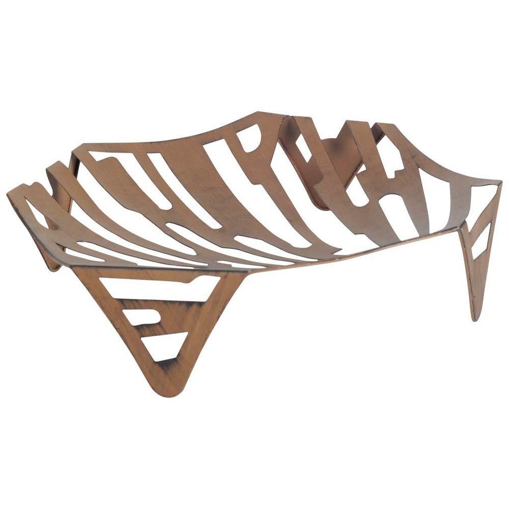 Brown metal artistic leaf-shaped bowl.
