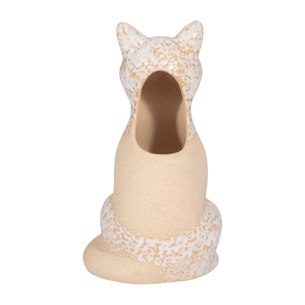 Ceramic cat-shaped vase with speckled accents and hollow top.