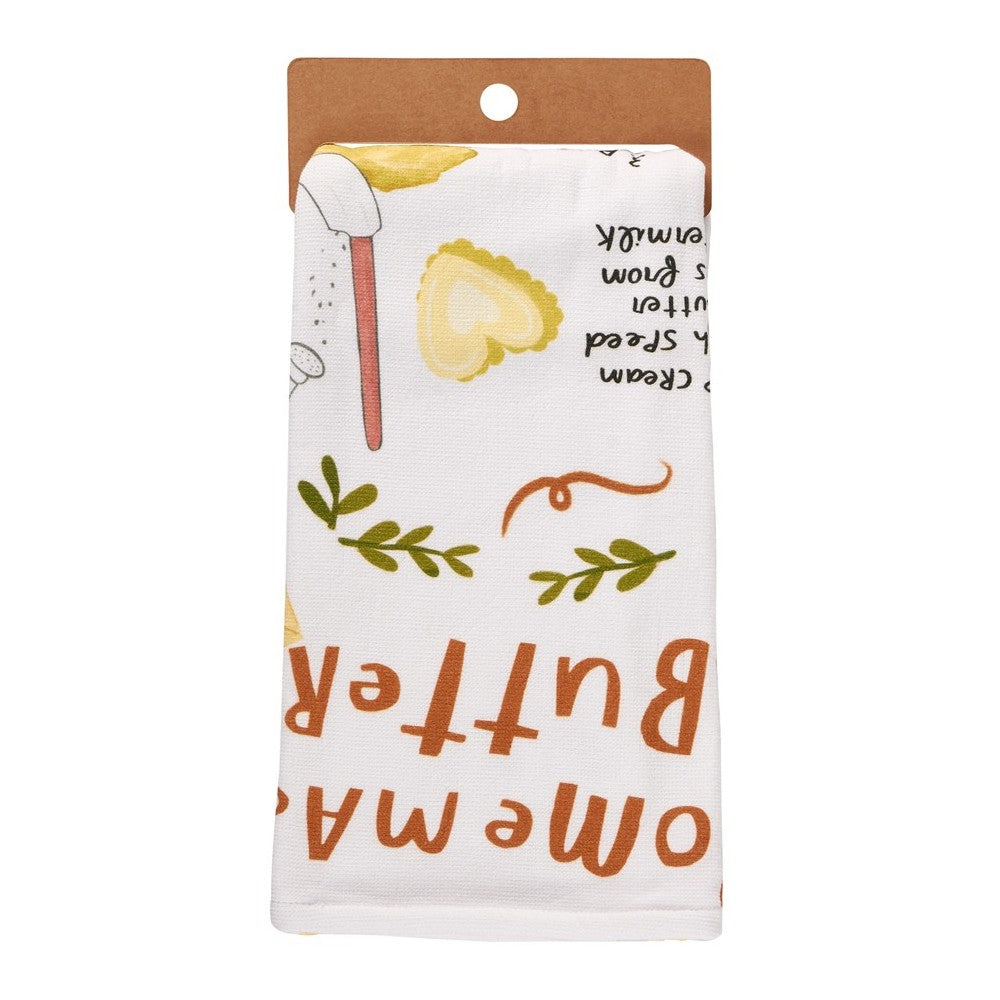 Decorative kitchen towel with recipes and illustrations.