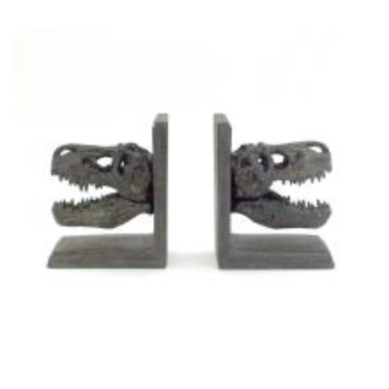 T-Rex skull bookends facing each other.