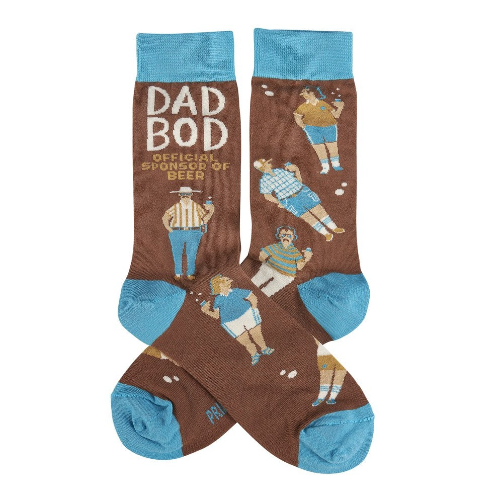 Brown socks with "Dad Bod" and beer-themed designs.