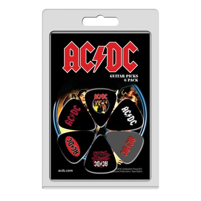 AC/DC guitar picks set in a blister pack, featuring various designs.