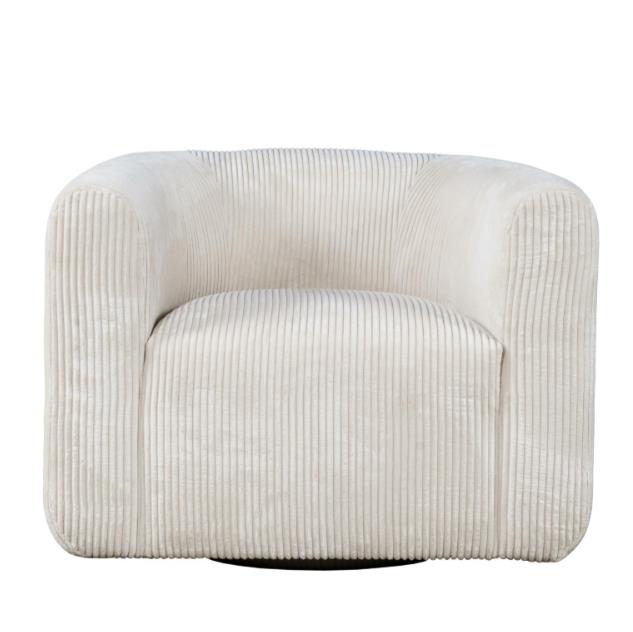 Cream-colored, ribbed, modern armchair with rounded edges.