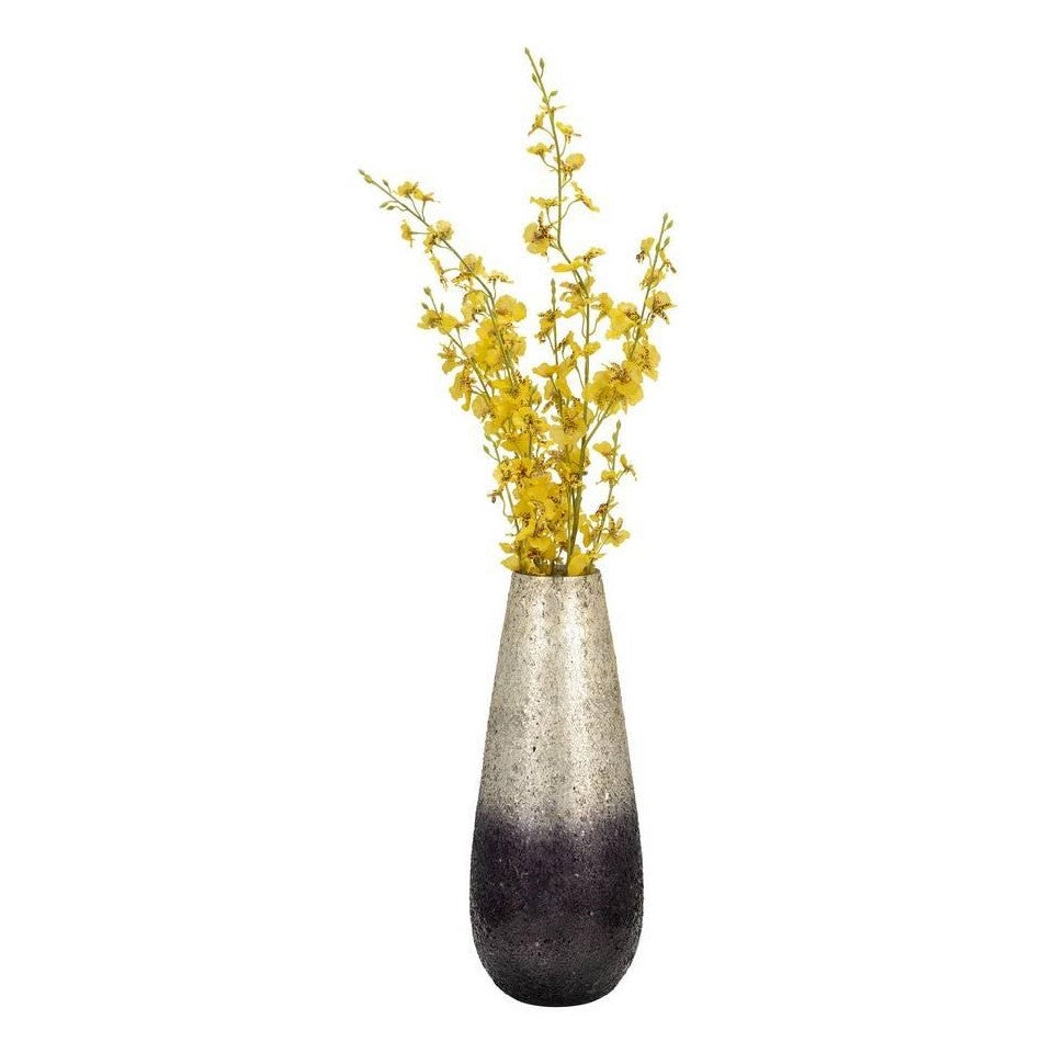 Tall textured vase with yellow flowers.
