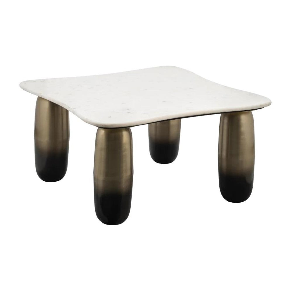 Modern table with a wavy marble top and bronze-capped legs.