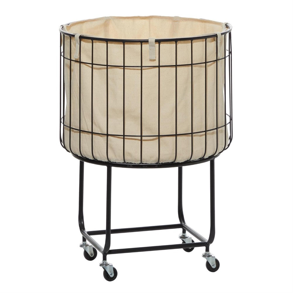 Black wire laundry basket on wheels with a beige fabric liner.