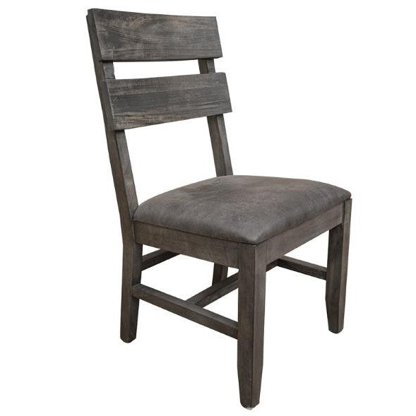 Gray wooden chair with a cushioned seat.