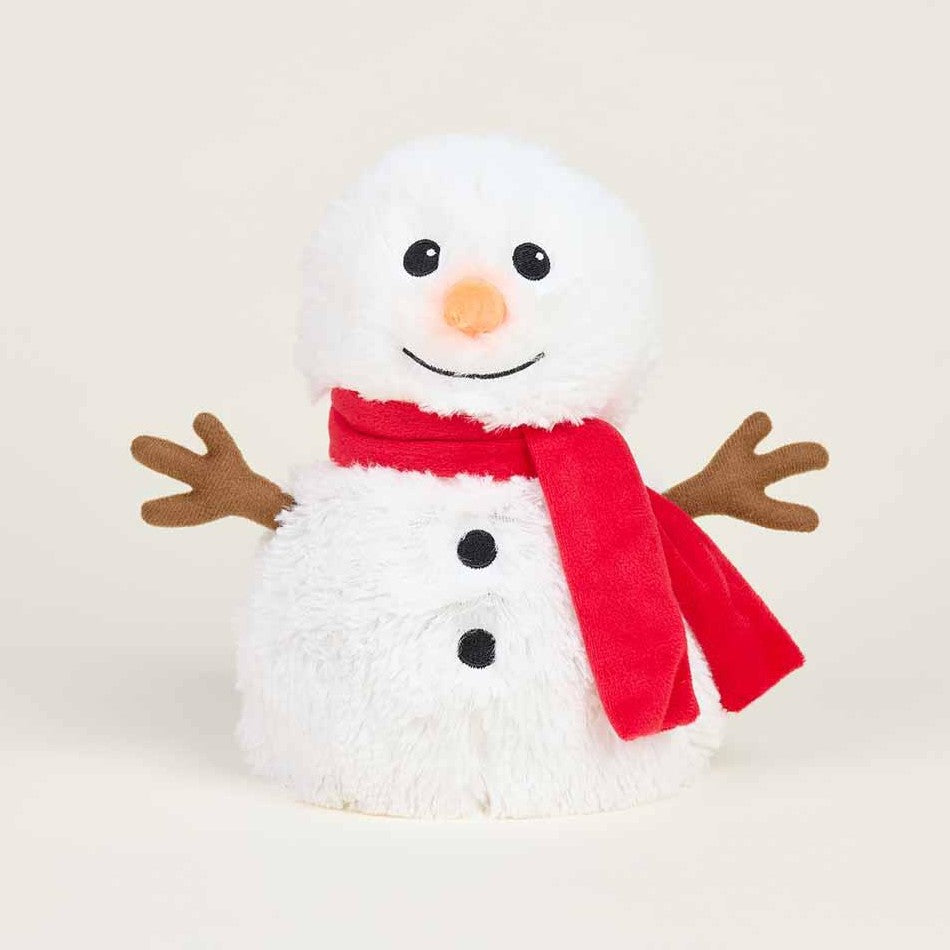 Plush snowman with a red scarf and twig arms.