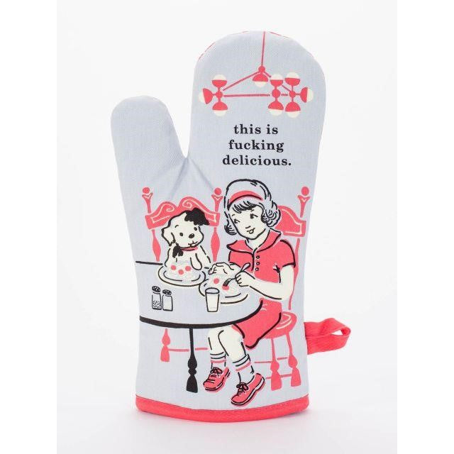 Oven mitt with retro design and humorous text.