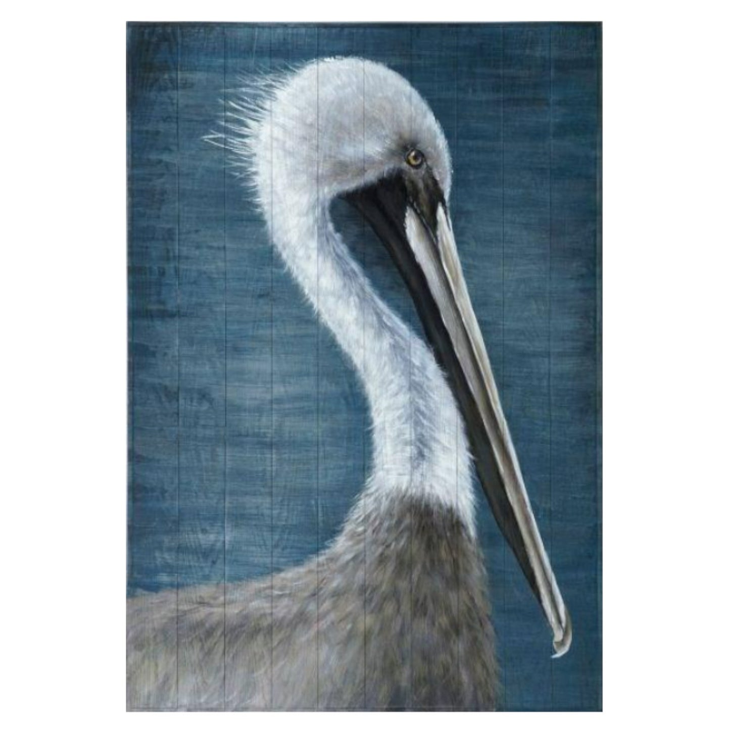 Painting of a pelican against a textured blue background.