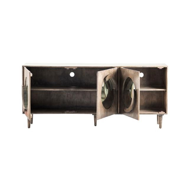 Wooden buffet with open circular glass doors and shelves.