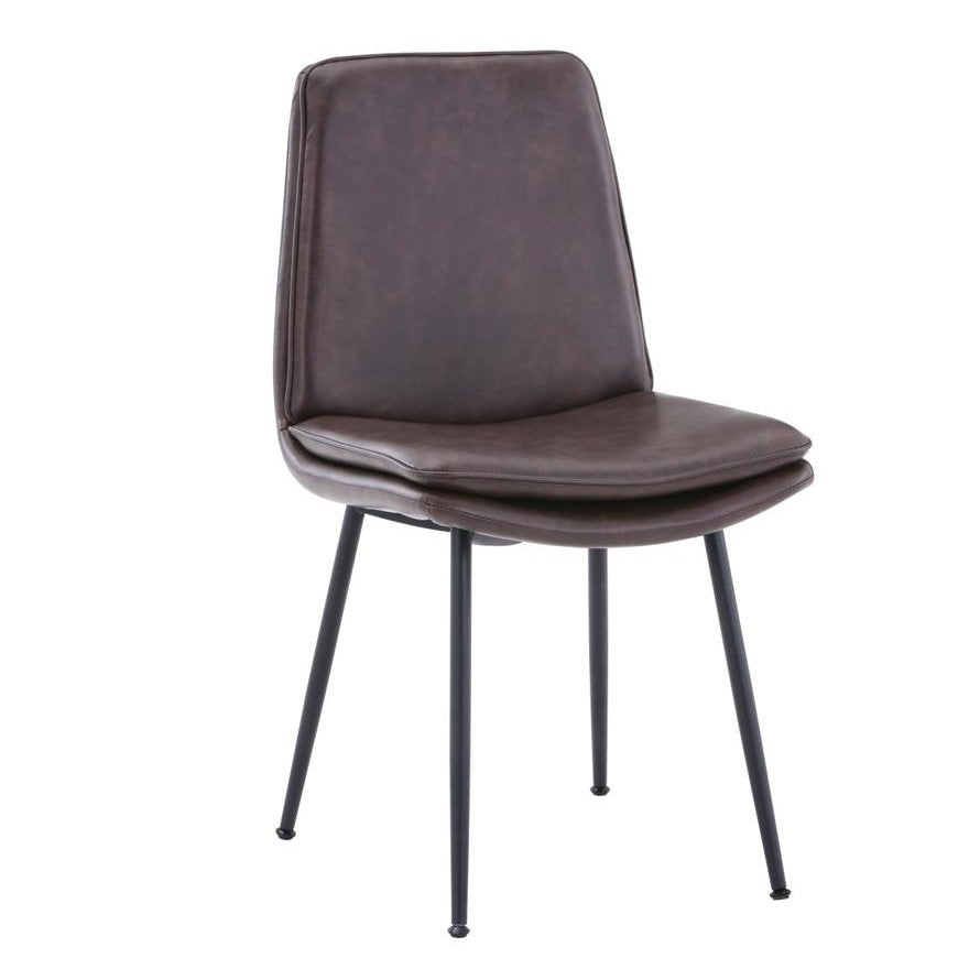 Brown leather chair with black metal legs.