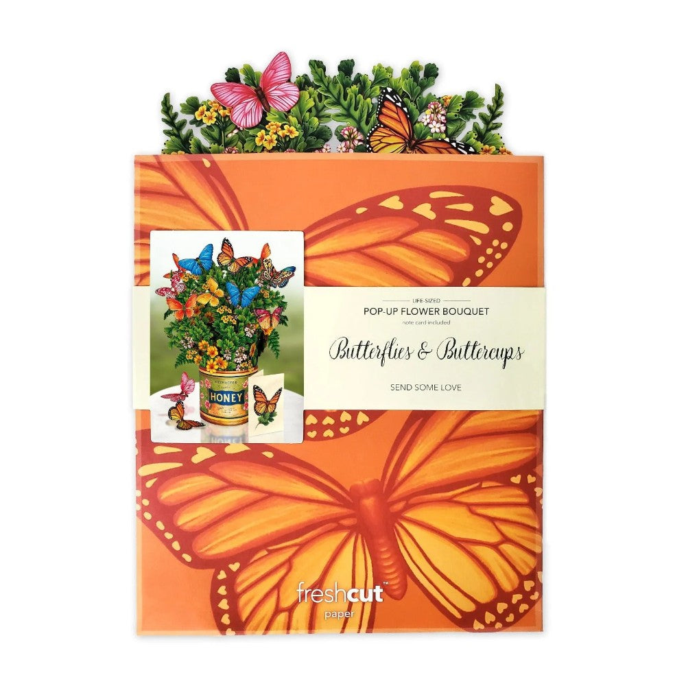 Pop-up bouquet with vibrant butterflies and buttercups in an orange package.