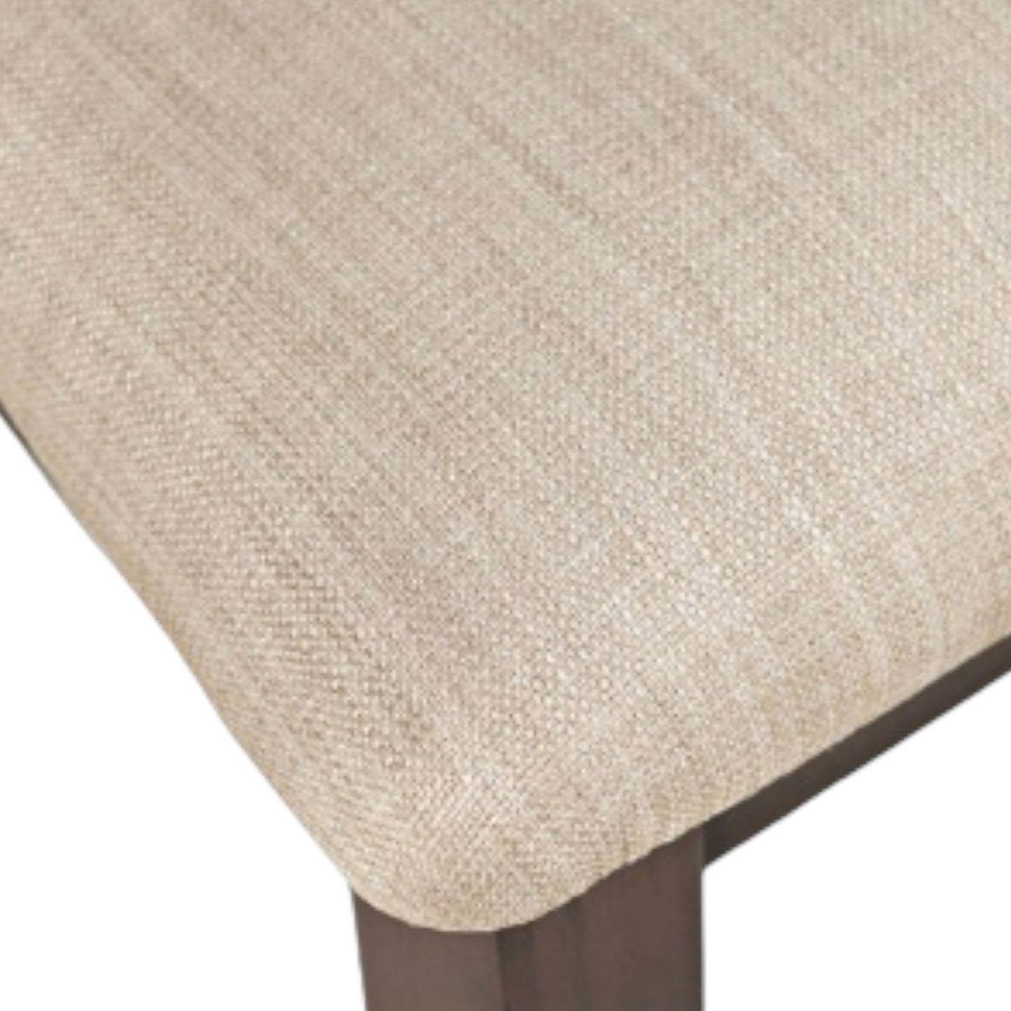 Beige upholstered fabric on a wooden chair seat.