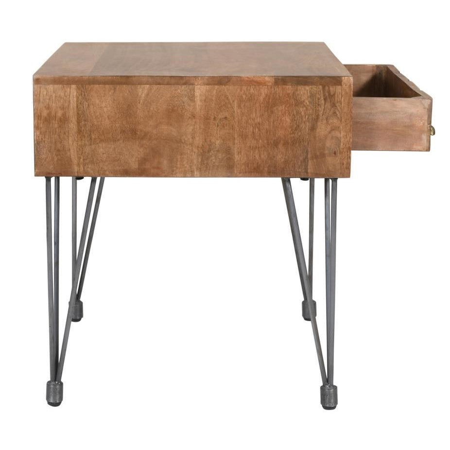 Wooden table with a drawer and thin metal legs.