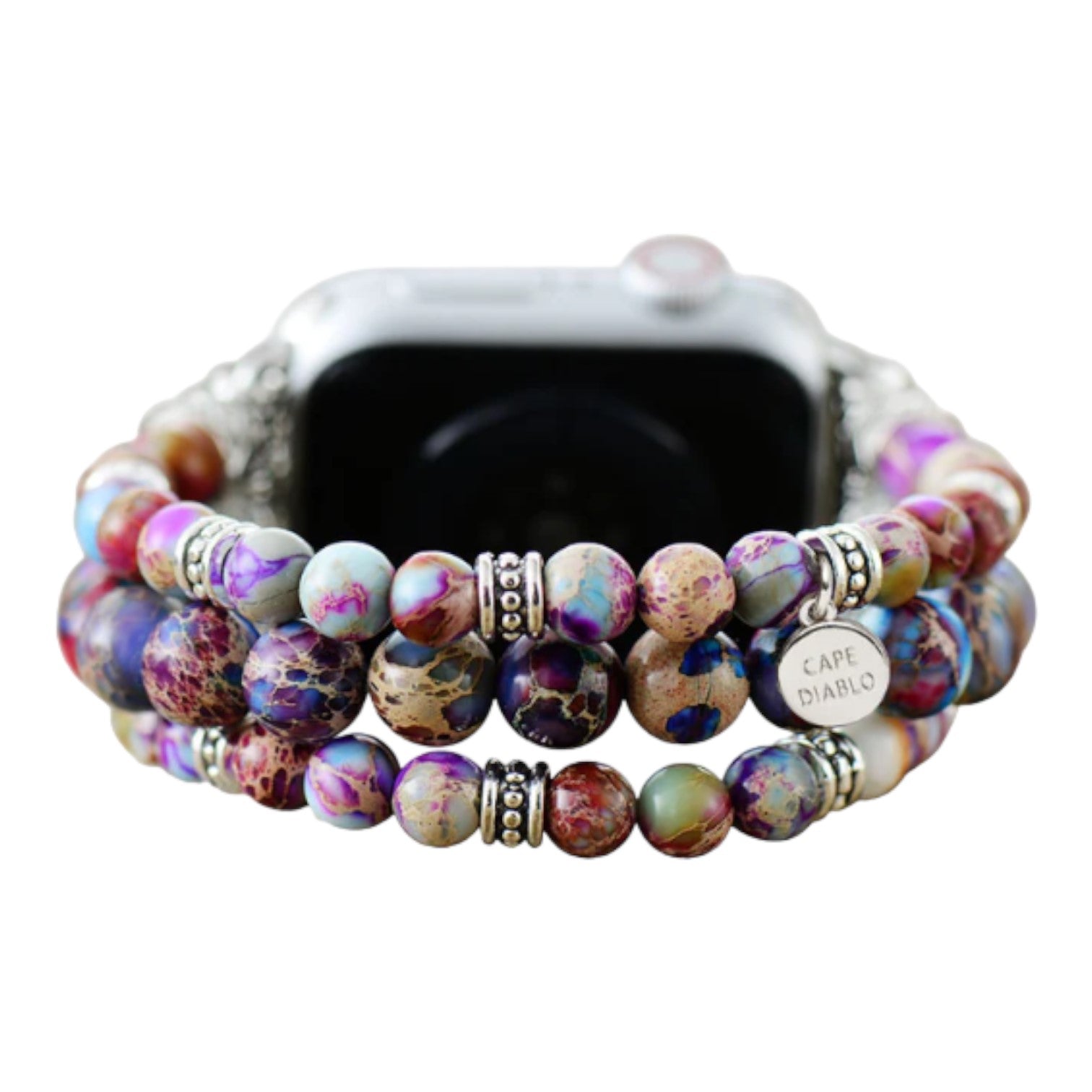 Colorful beaded smartwatch band with "CAPE DIABLO" charm.