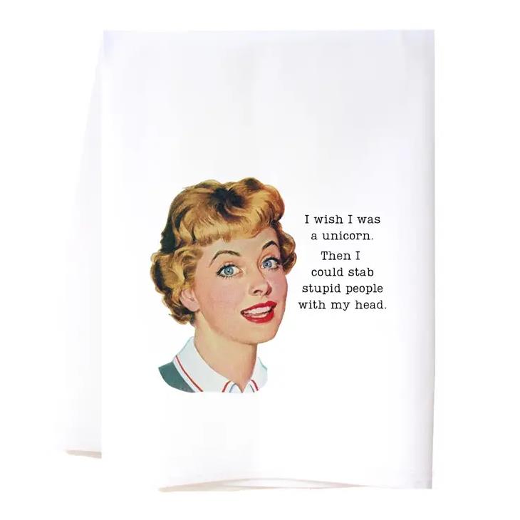 Retro style woman with a humorous unicorn quote on a white background.