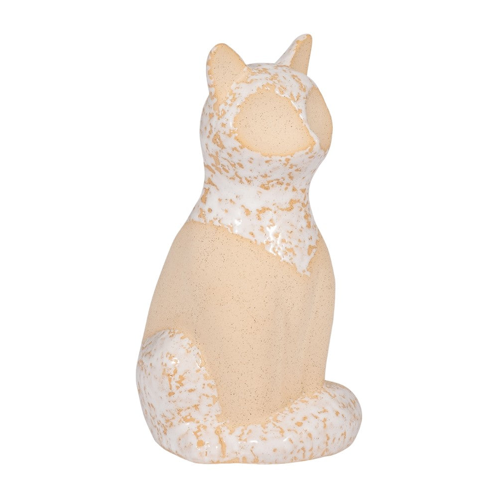 Ceramic cat figurine with speckled beige and white glaze.