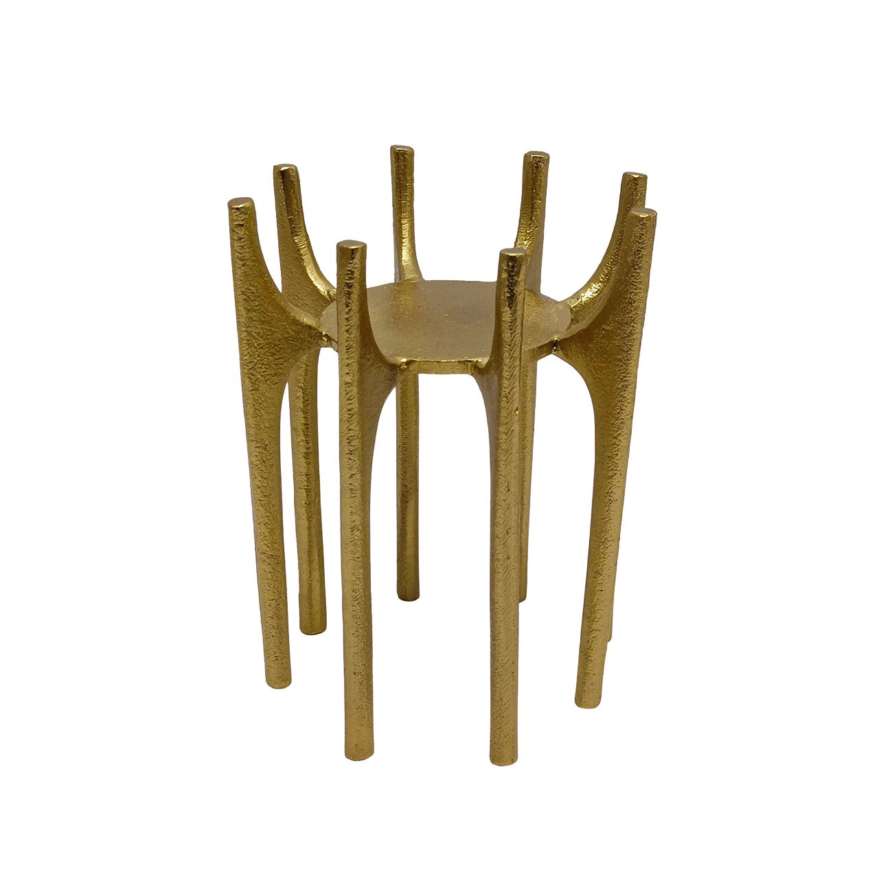 Gold metal candle holder with multiple elongated legs.