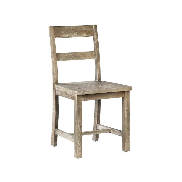 Rustic wooden chair with a slatted backrest, simple design.