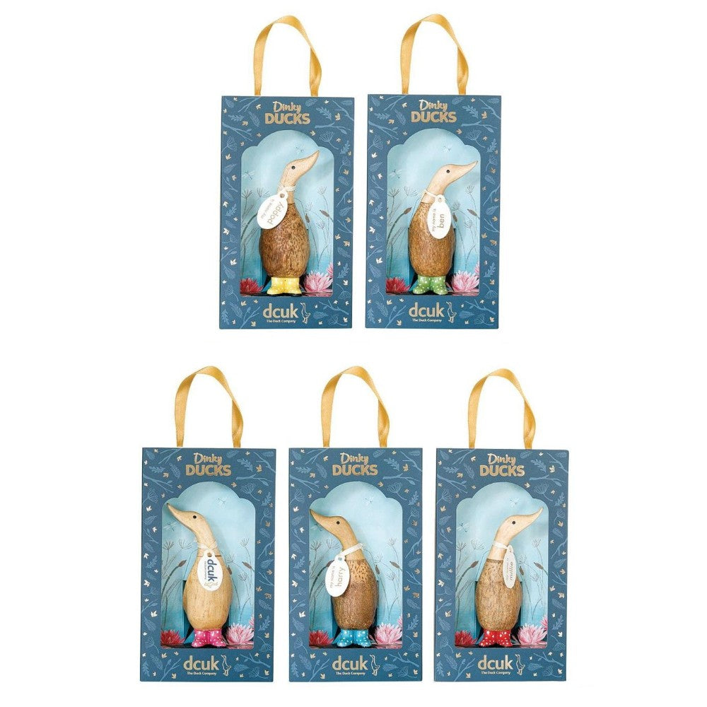 Five packaged wooden duck ornaments with colorful boots.