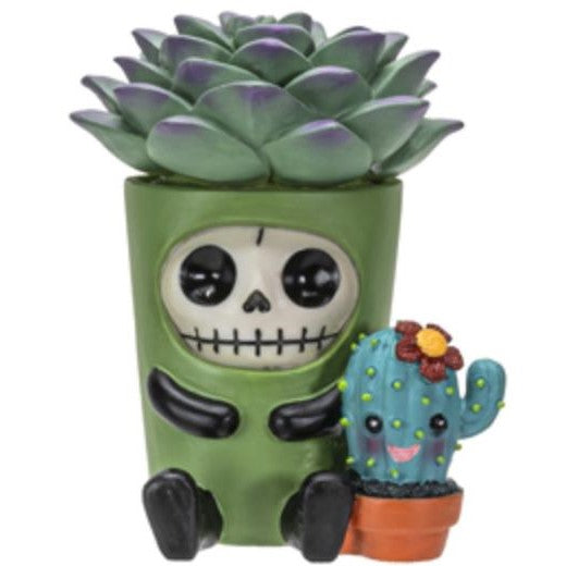 Cute skull planter with succulent and smiling cactus.