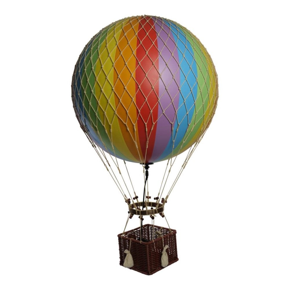 Colorful striped hot air balloon with wicker basket.