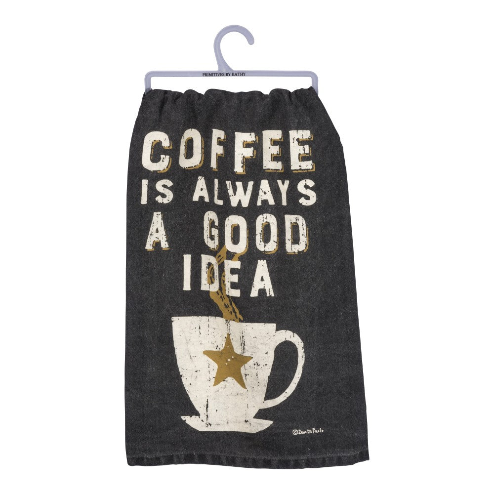 Black towel with "Coffee is Always a Good Idea" text and a coffee cup graphic.