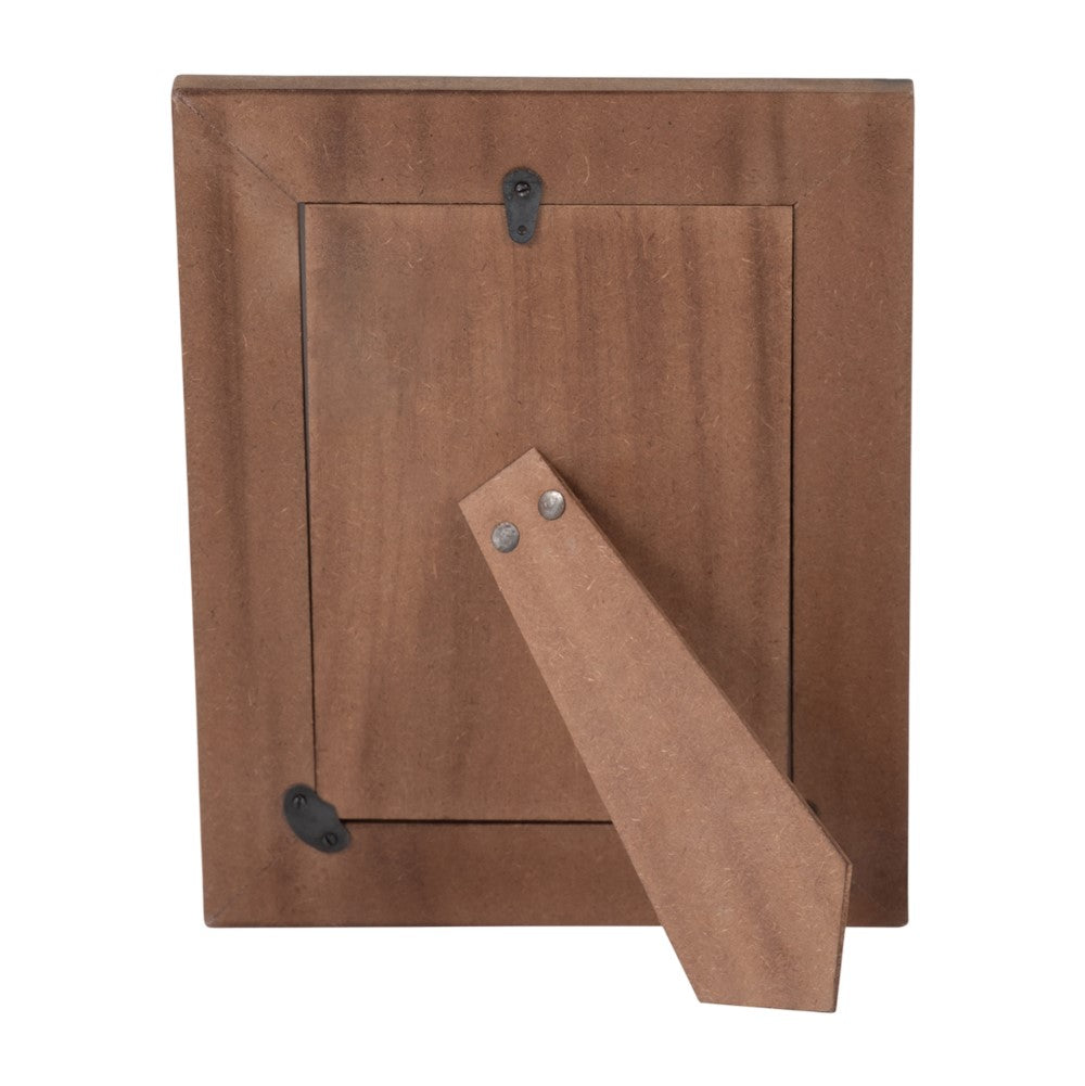 Back of a wooden photo frame with a stand and hooks.