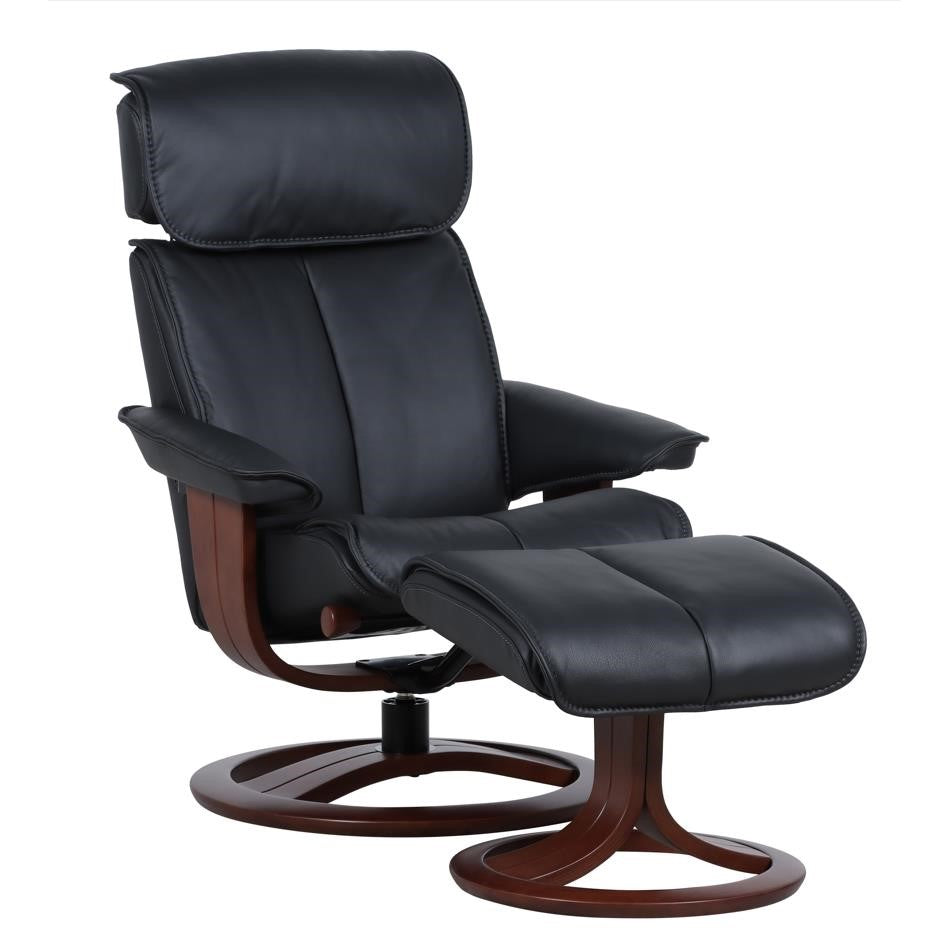 Black leather recliner with wooden swivel base.