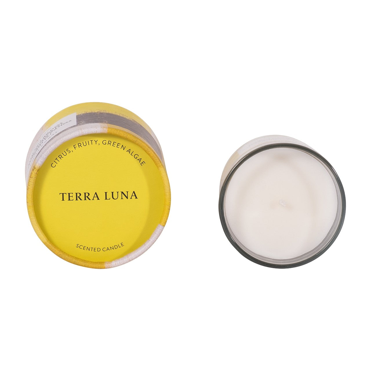Yellow-lidded Terra Luna scented candle, citrus and fruity aroma.