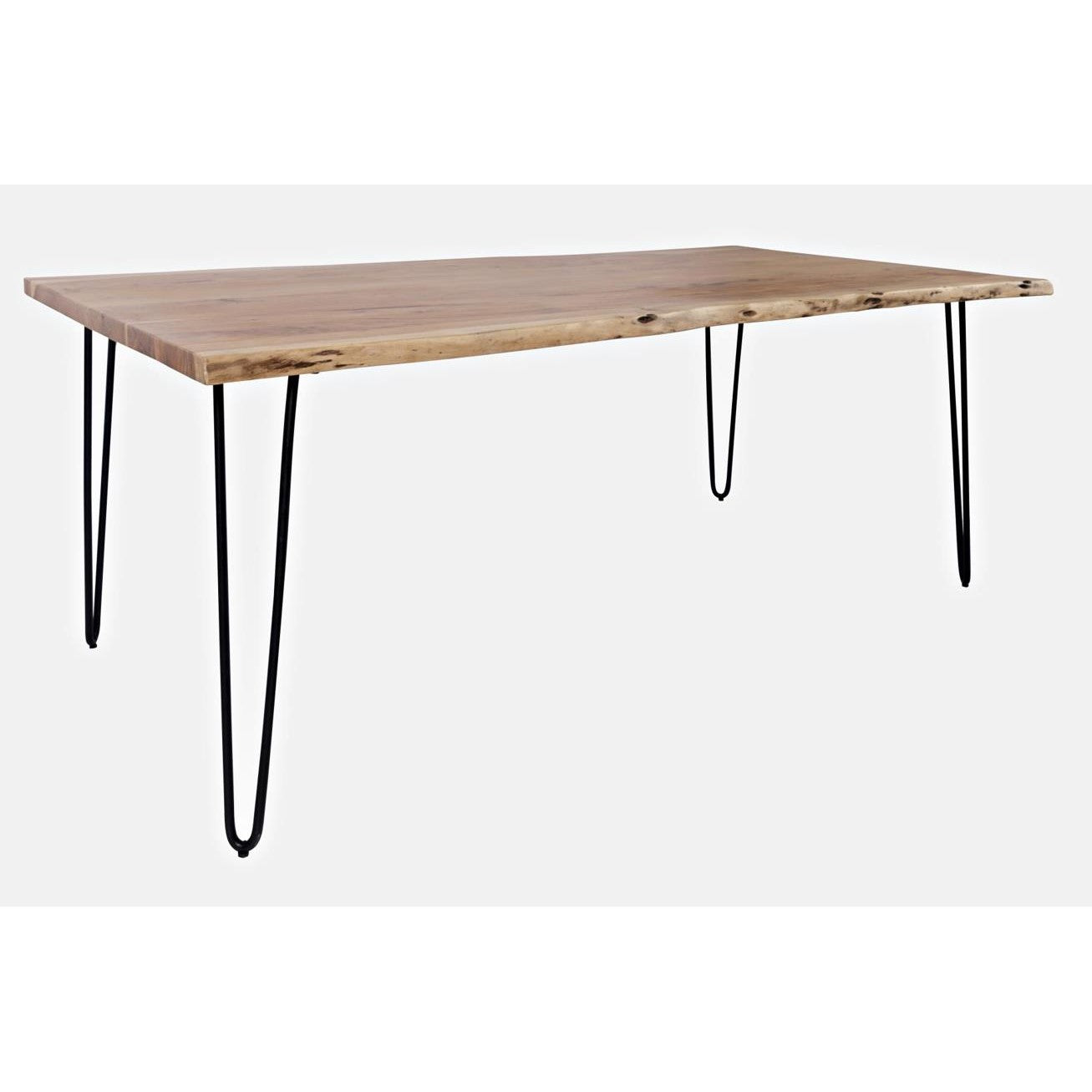 Wooden table with black metal hairpin legs.