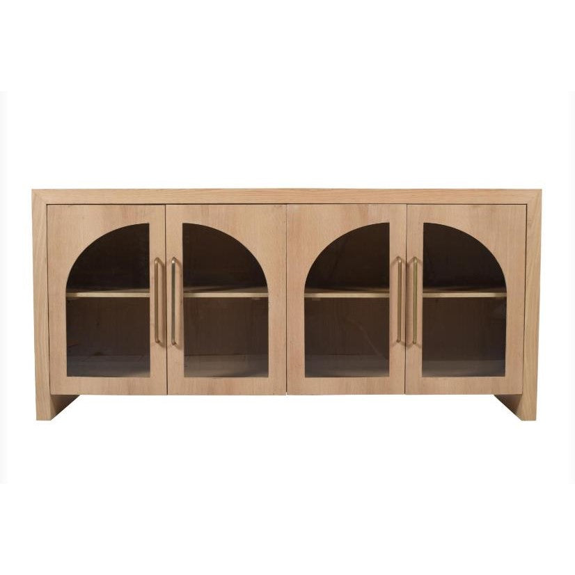 Wooden cabinet with four arched glass doors and sleek handles.