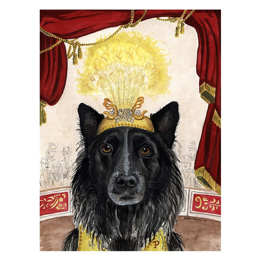 Regal dog in a crown with red drapes and ornate background.