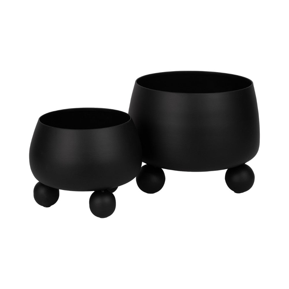 Two black spherical pots with round bases.