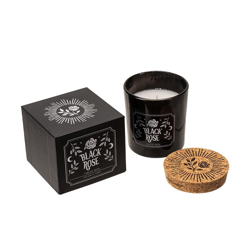Black candle and box labeled "Black Rose," with a decorative cork lid.