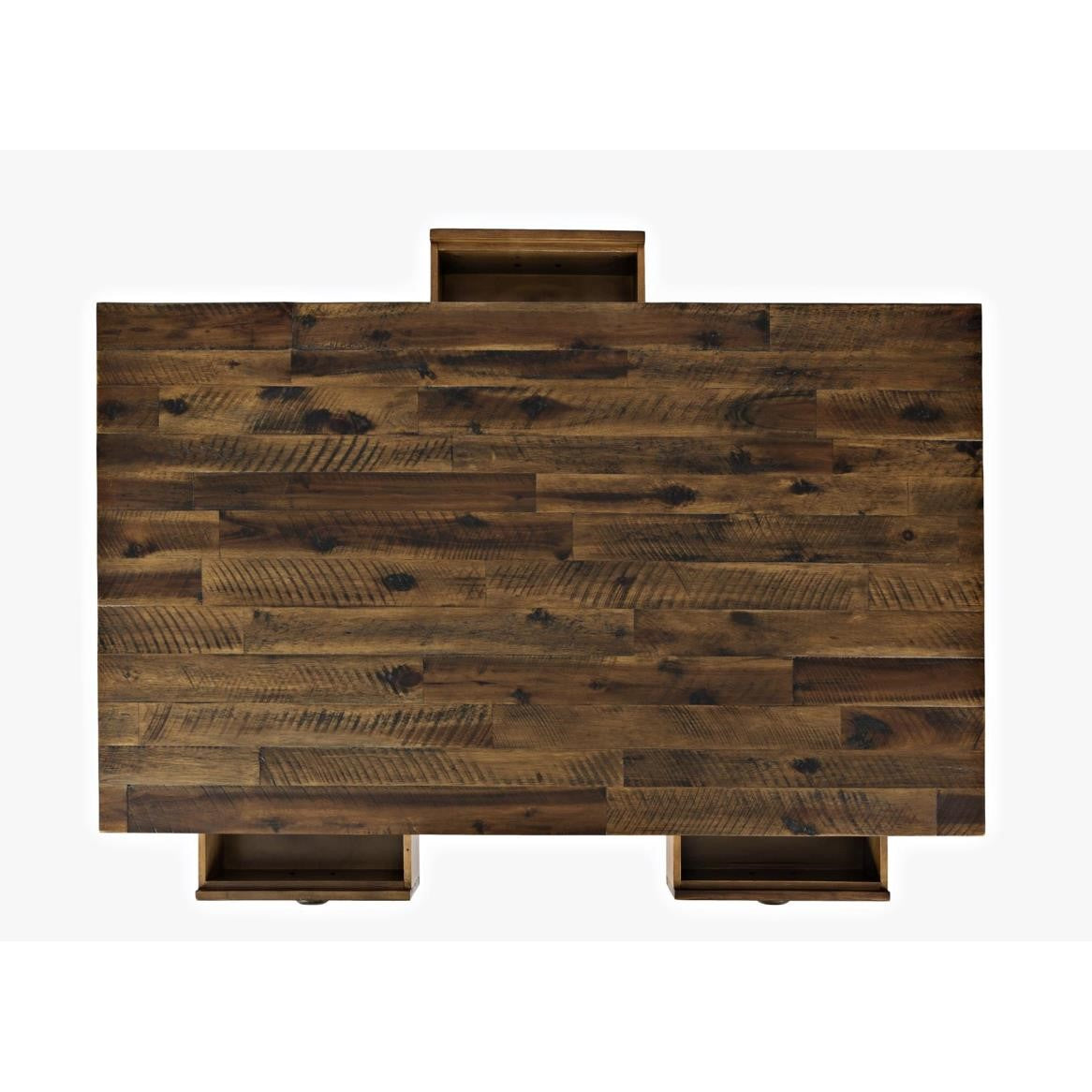 Wooden table with three open drawers, top view.