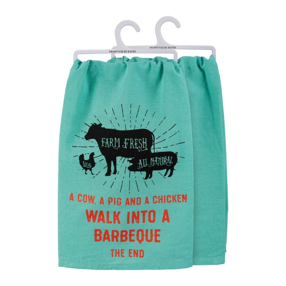 Teal kitchen towel with barbecue humor and animal silhouettes.