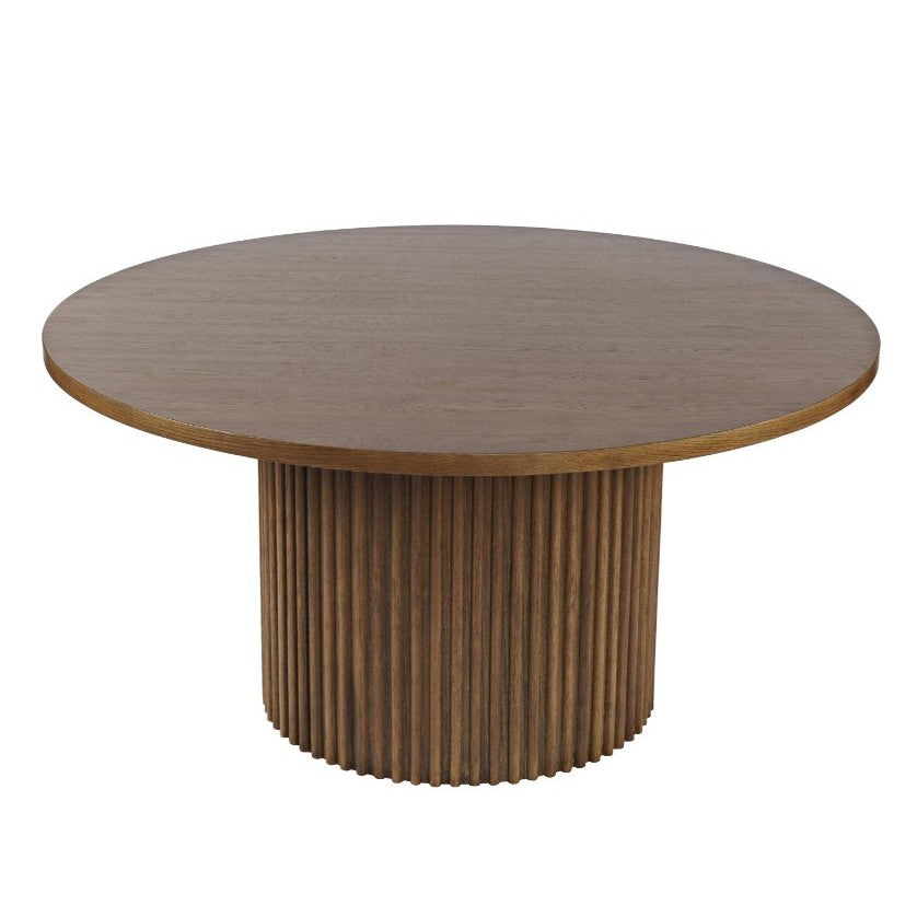 Round wooden table with a ribbed cylindrical base.