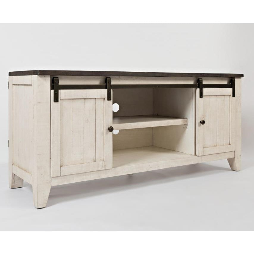 White wooden TV stand with sliding barn doors and shelves.