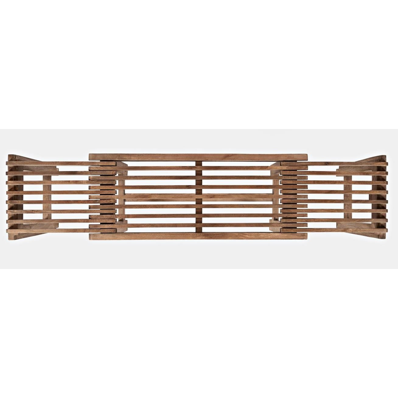 Wooden slatted bench with a symmetrical, minimalist design.