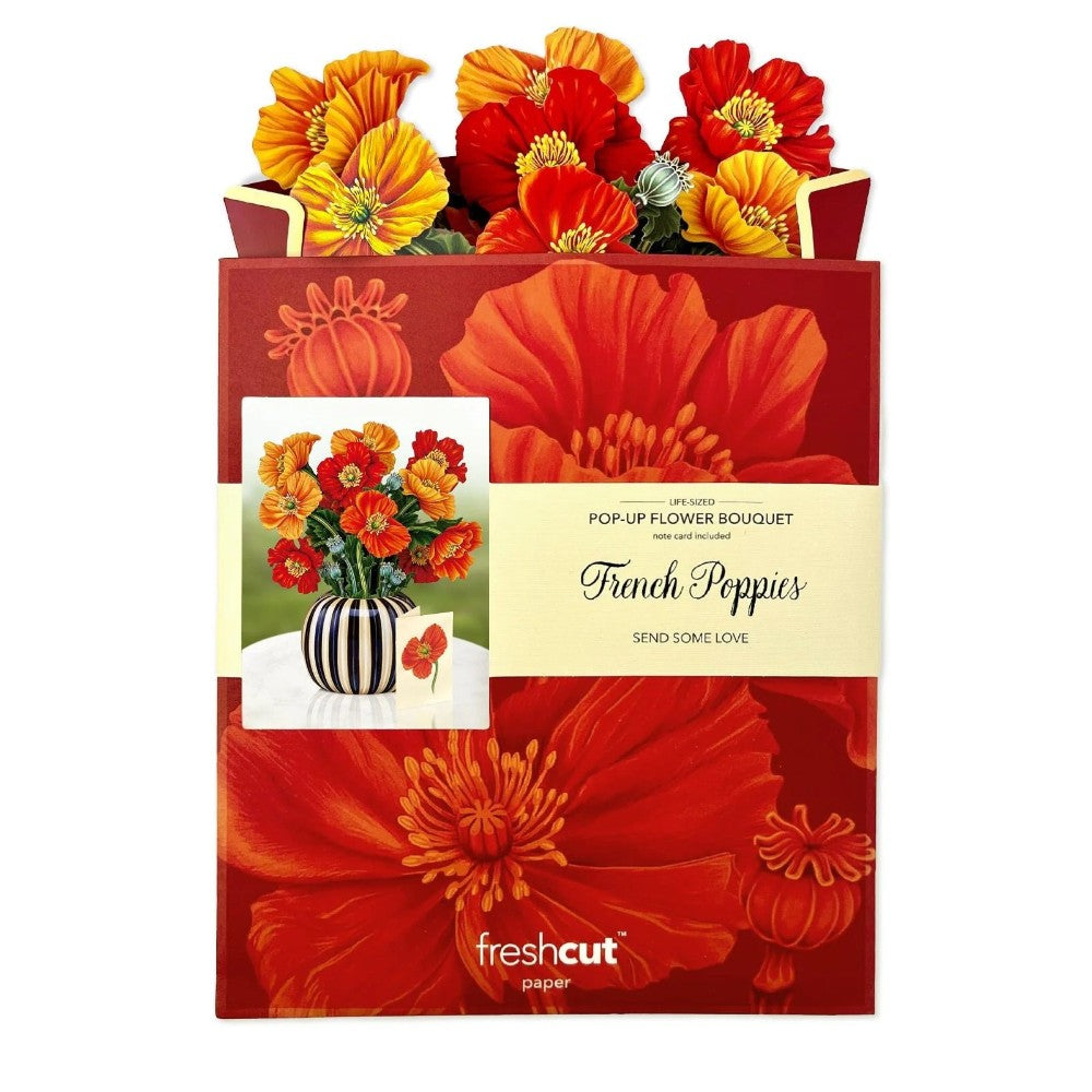 Pop-up card with vibrant red and yellow poppies design.