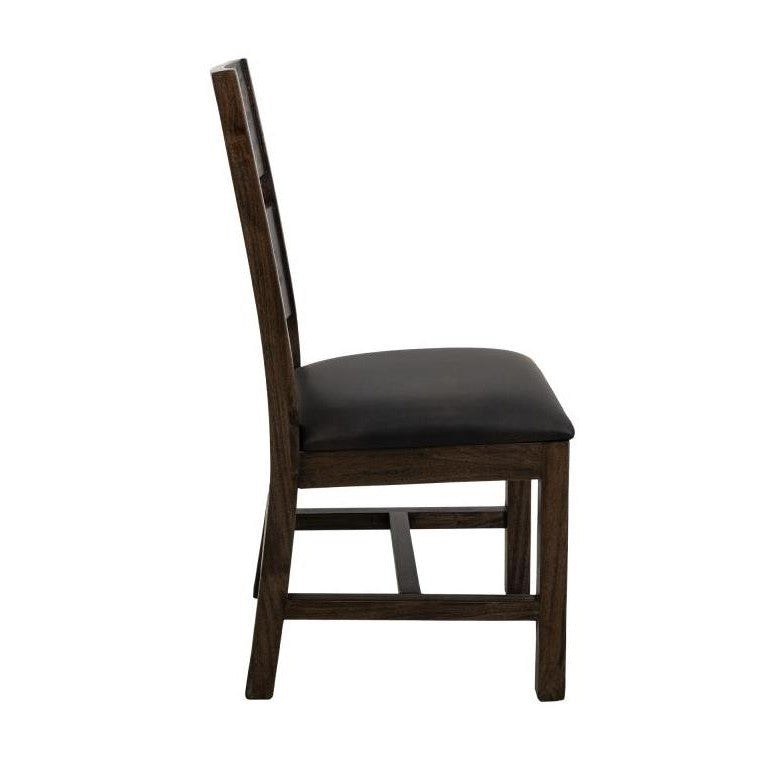 Wooden chair with black cushioned seat, side view.
