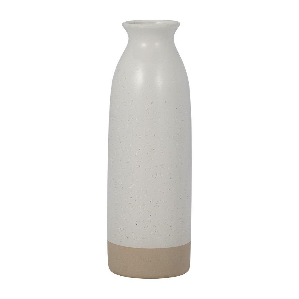 Minimalist tall white vase with a beige base.