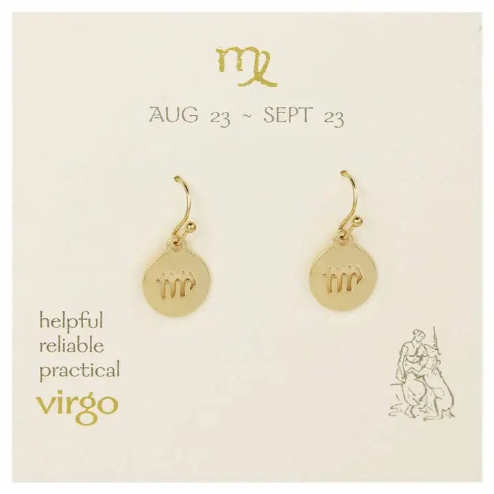 Gold Virgo earrings on a card with zodiac symbol.