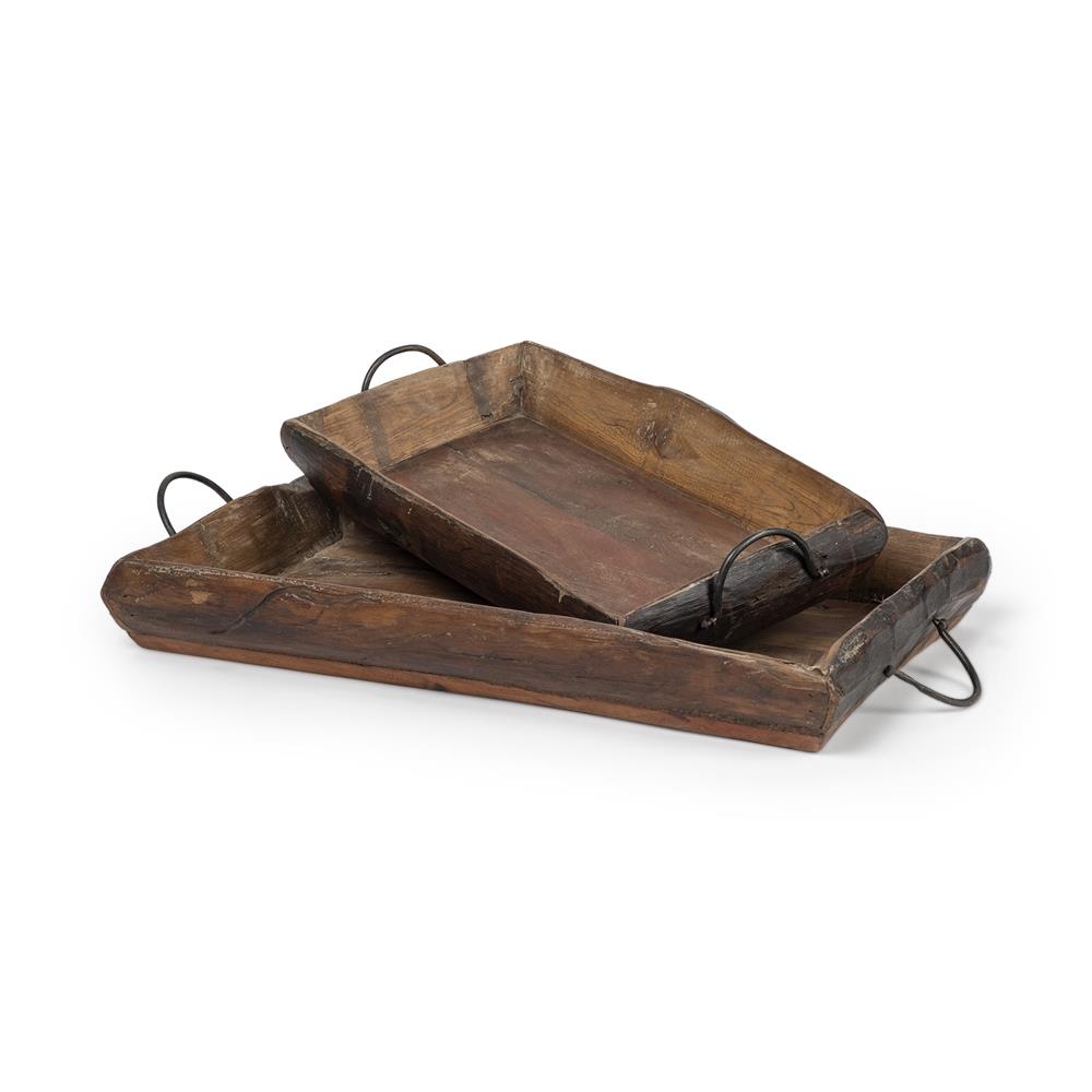 Stacked wooden trays with metal handles.