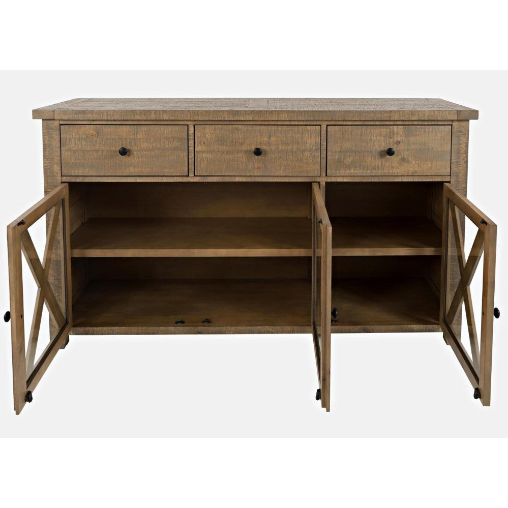 Wooden sideboard with three drawers and open doors revealing shelves.