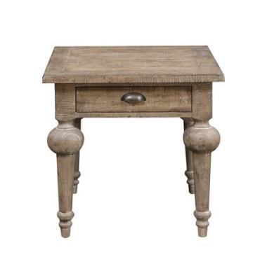 Rustic wooden side table with a drawer and ornate legs.