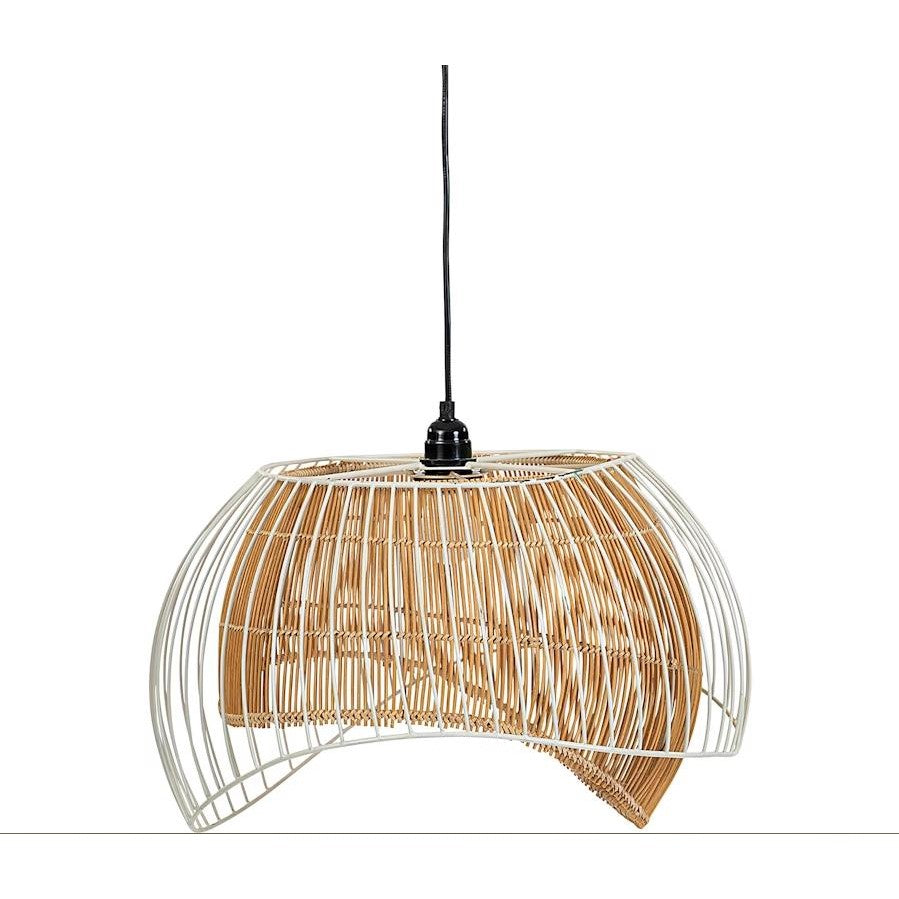 Modern pendant light with a woven wicker design.
